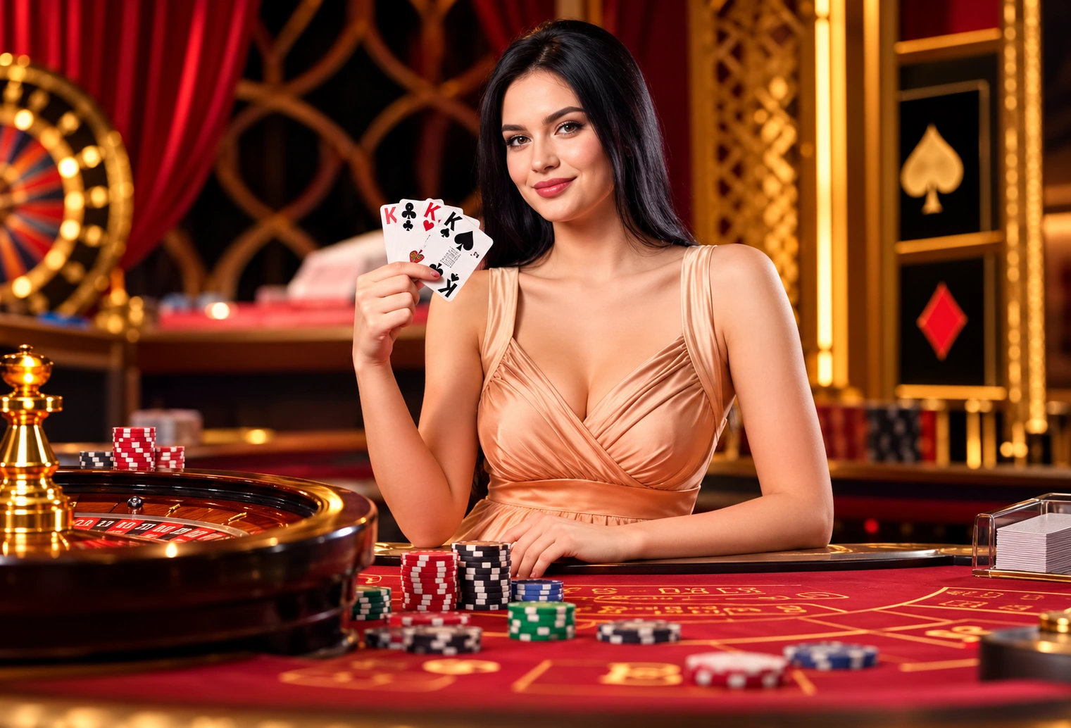 Présentatrice de casino en direct, entièrement visible à une table de cartes